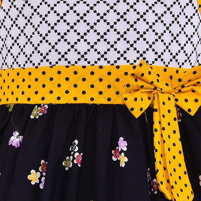 Girls Floral Printed Cotton Dress with Polka Dot Waist Bow