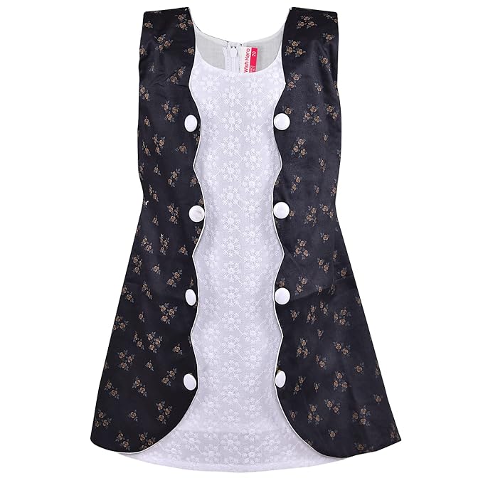 Girls Printed Cotton Dress with Contrast Panel & Button Detailing