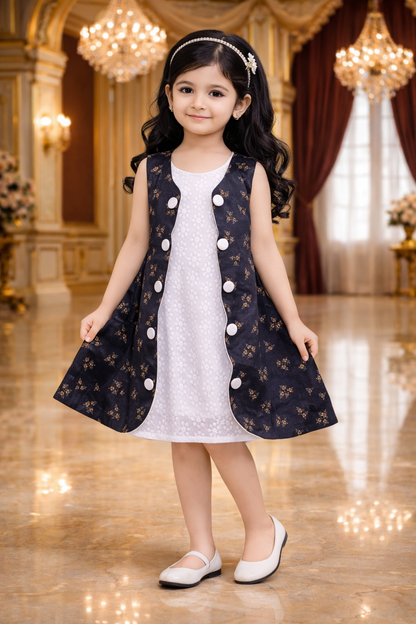 Girls Printed Cotton Dress with Contrast Panel & Button Detailing