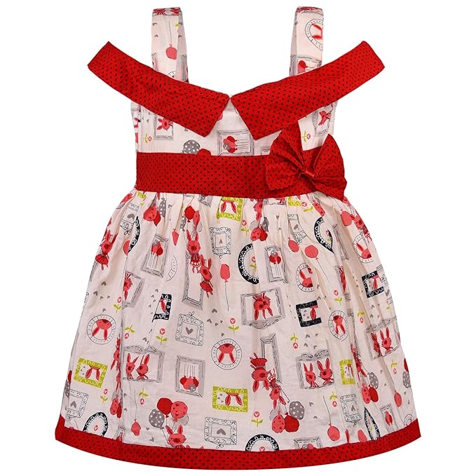Girls Printed Cotton Dress with Polka Dot Off-Shoulder Detail & Bow