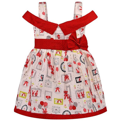 Girls Printed Cotton Dress with Polka Dot Off-Shoulder Detail & Bow