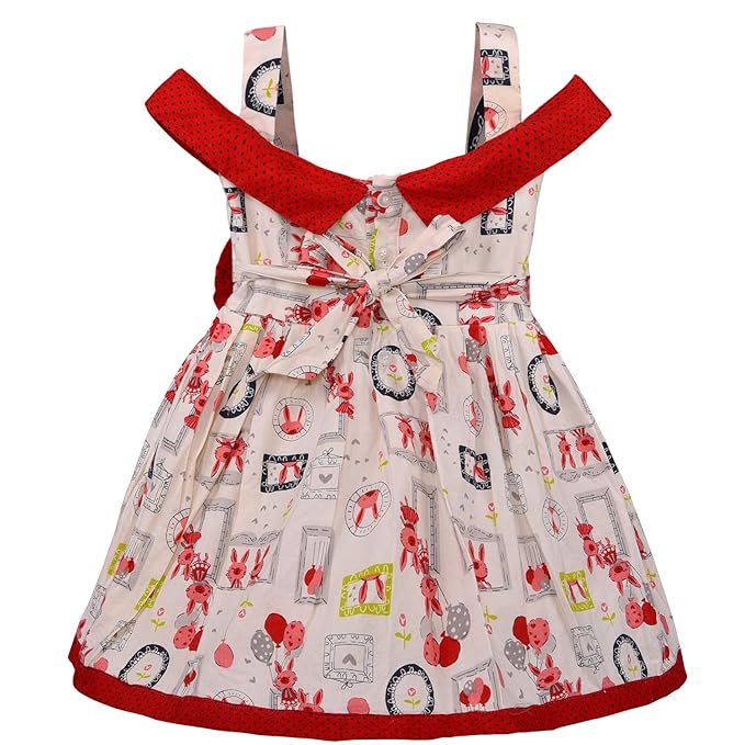 Girls Printed Cotton Dress with Polka Dot Off-Shoulder Detail & Bow