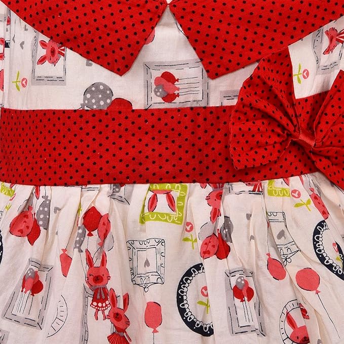 Girls Printed Cotton Dress with Polka Dot Off-Shoulder Detail & Bow