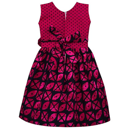 Girls Printed Cotton Dress with Polka Dot Bow Detail