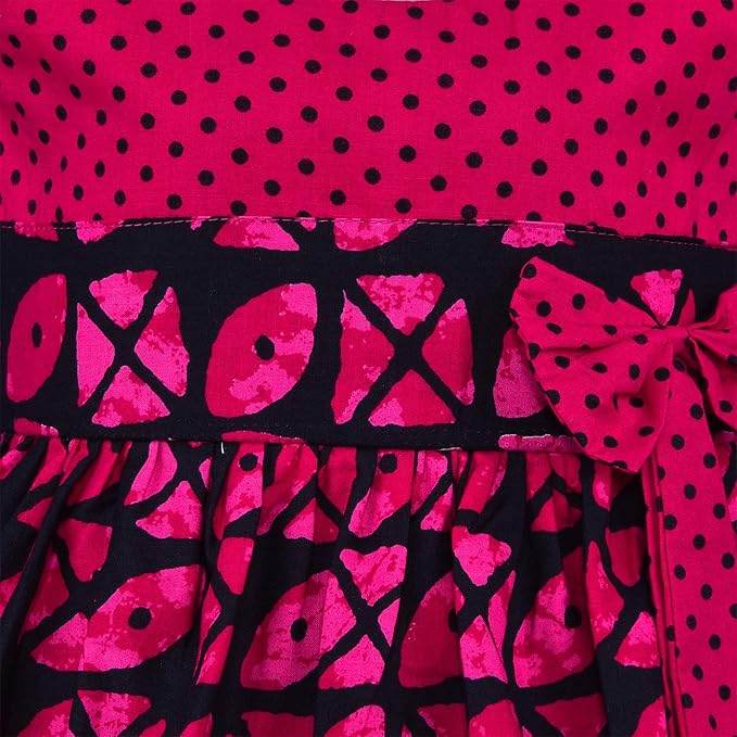 Girls Printed Cotton Dress with Polka Dot Bow Detail
