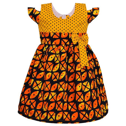 Girls Printed Cotton Dress with Polka Dot Bow Detail
