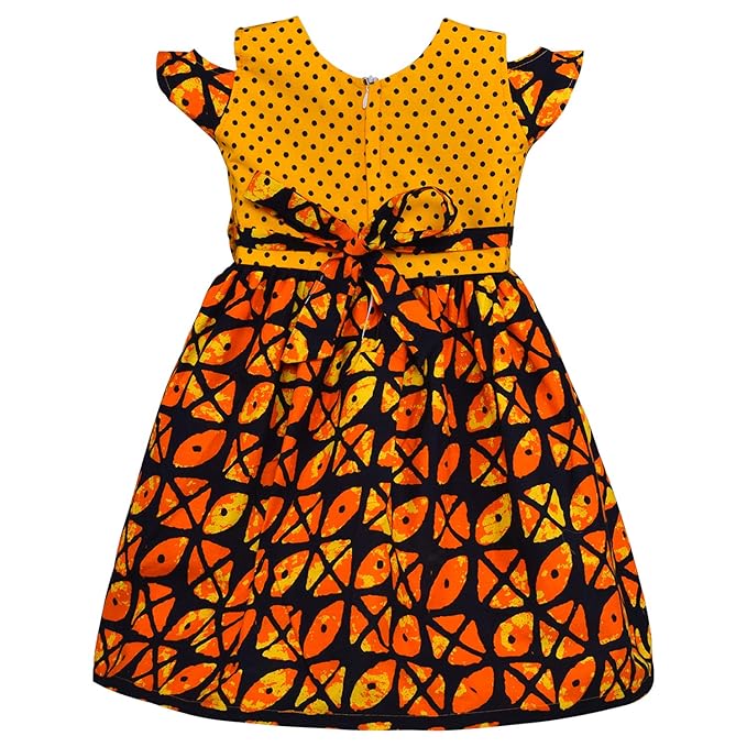 Girls Printed Cotton Dress with Polka Dot Bow Detail