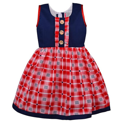 Girls Navy Blue & Red Checked Cotton Dress with Front Button Detail