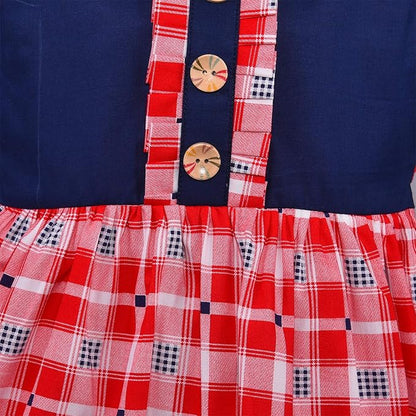 Girls Navy Blue & Red Checked Cotton Dress with Front Button Detail