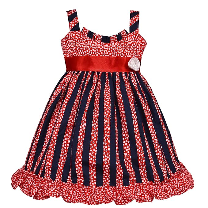 Girls Red & Navy Striped Floral Cotton Dress with Satin Waist Belt