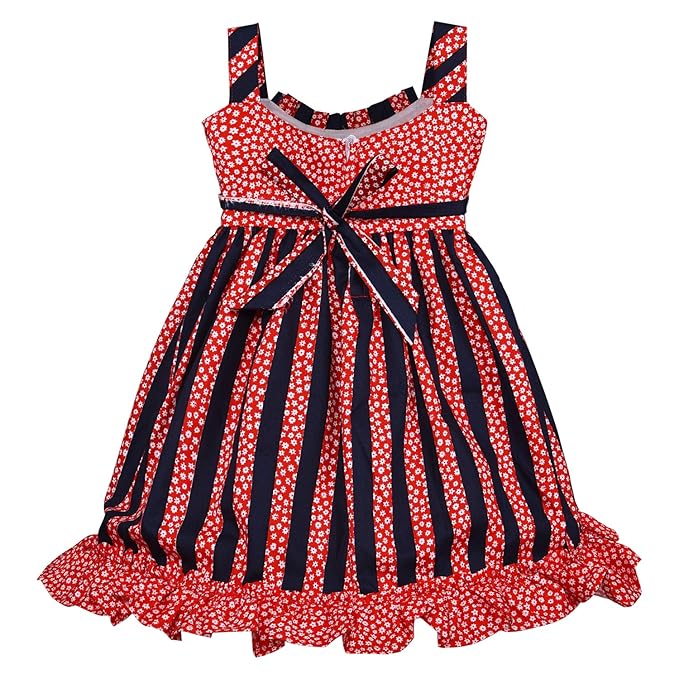 Girls Red & Navy Striped Floral Cotton Dress with Satin Waist Belt