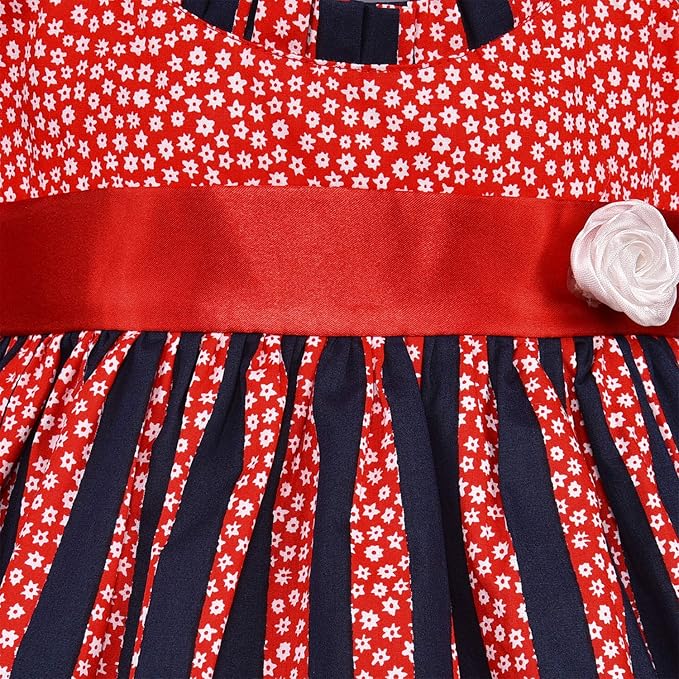 Girls Red & Navy Striped Floral Cotton Dress with Satin Waist Belt