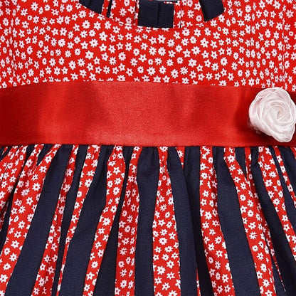 Girls Red & Navy Striped Floral Cotton Dress with Satin Waist Belt