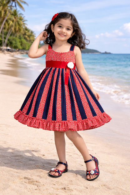 Girls Red & Navy Striped Floral Cotton Dress with Satin Waist Belt