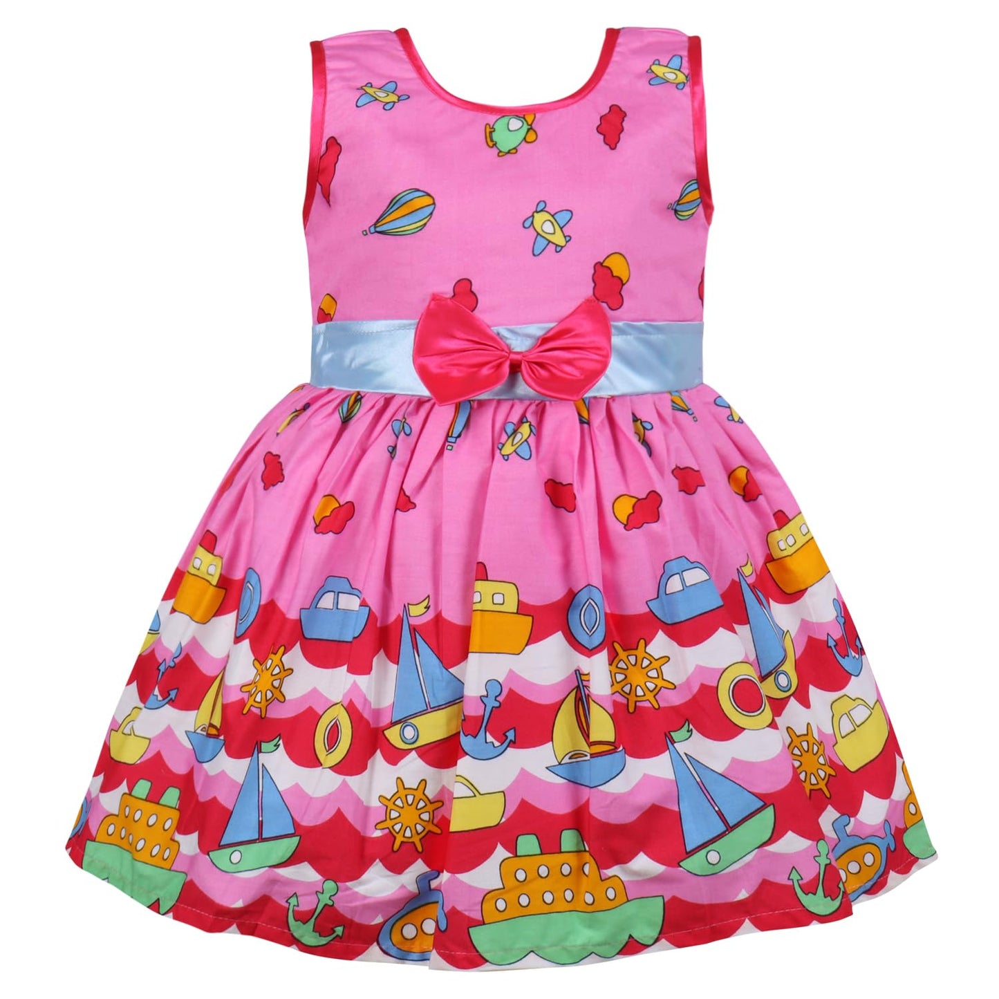 Girls Printed Cotton Party Wear Dress with Bow Belt & Playful Motif