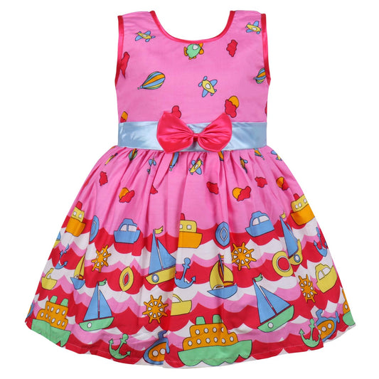 Girls Printed Cotton Party Wear Dress with Bow Belt & Playful Motif