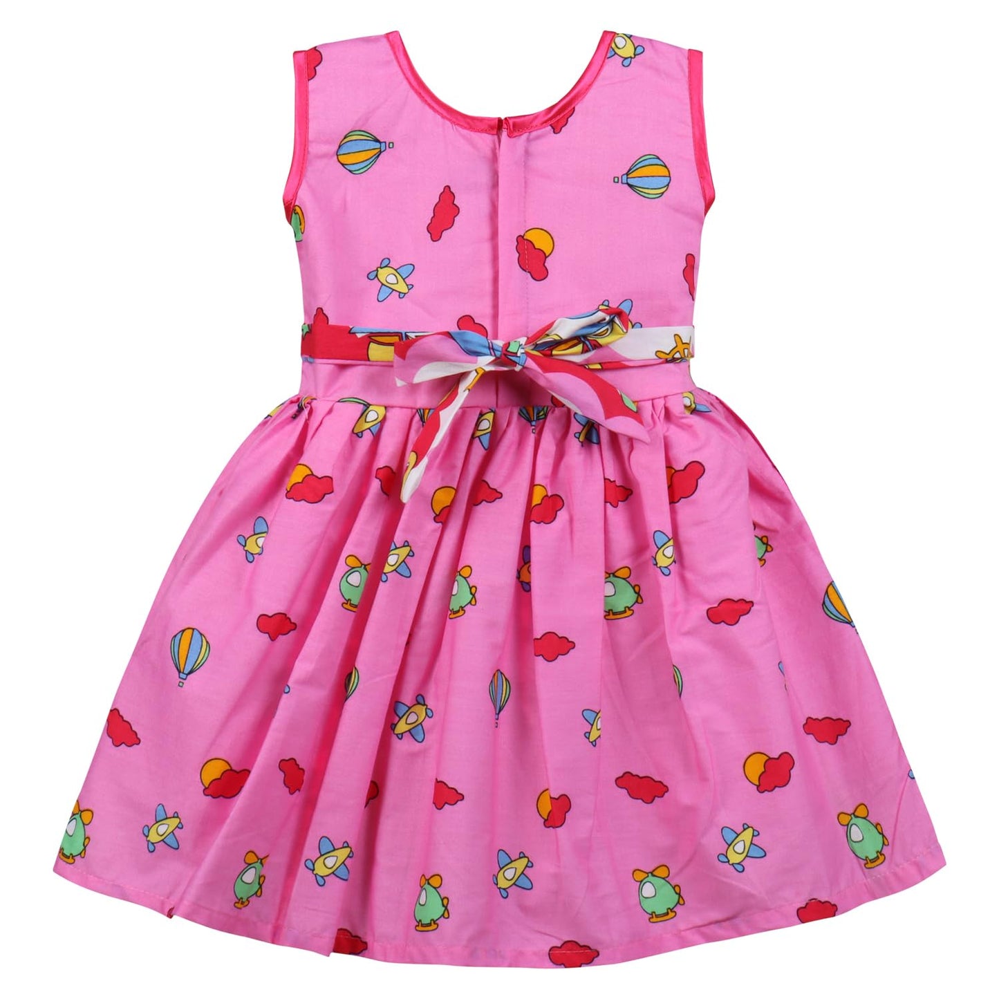 Girls Printed Cotton Party Wear Dress with Bow Belt & Playful Motif