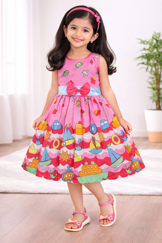 Girls Printed Cotton Party Wear Dress with Bow Belt & Playful Motif