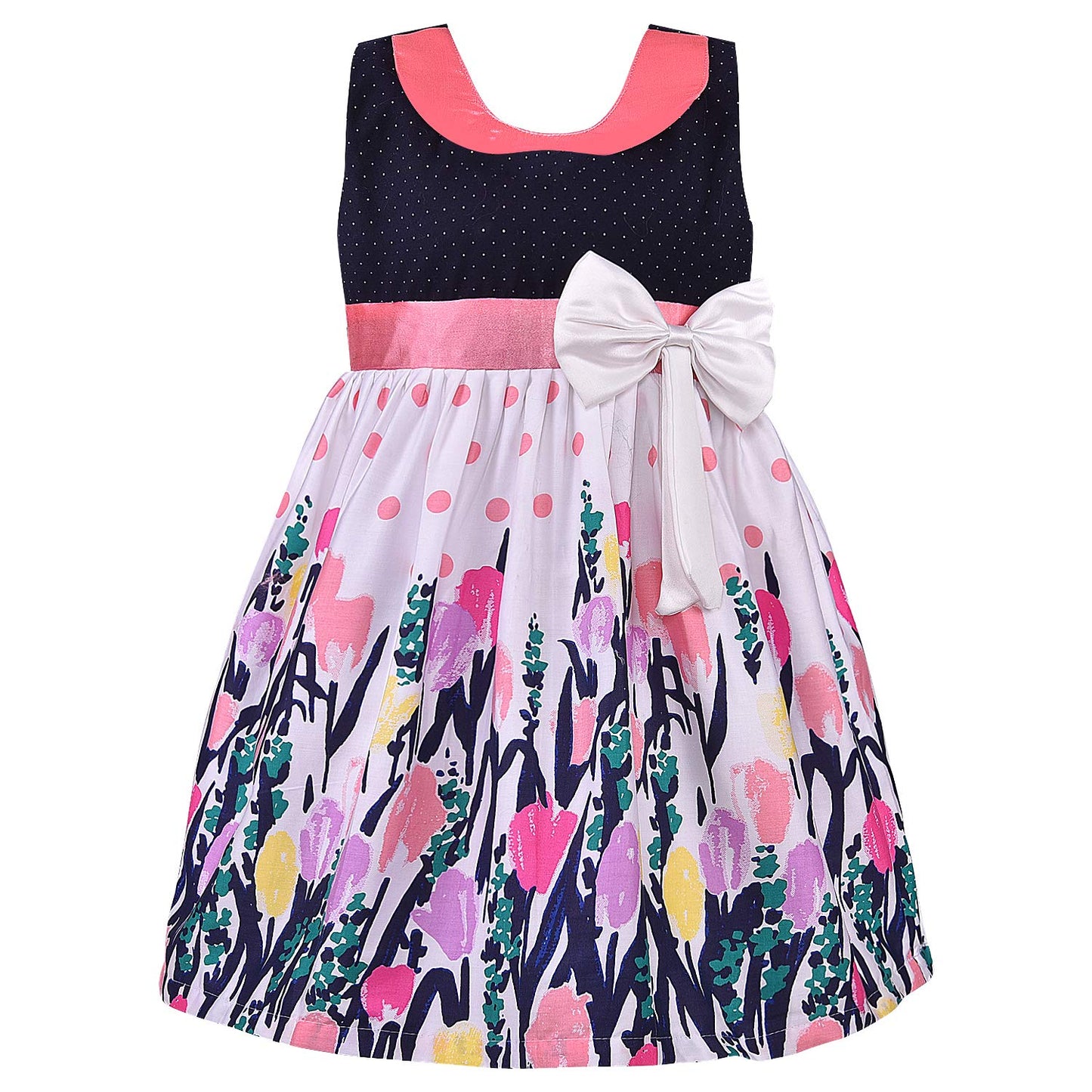 Girls Navy & Pink Printed Cotton Dress with Contrast Waist Bow