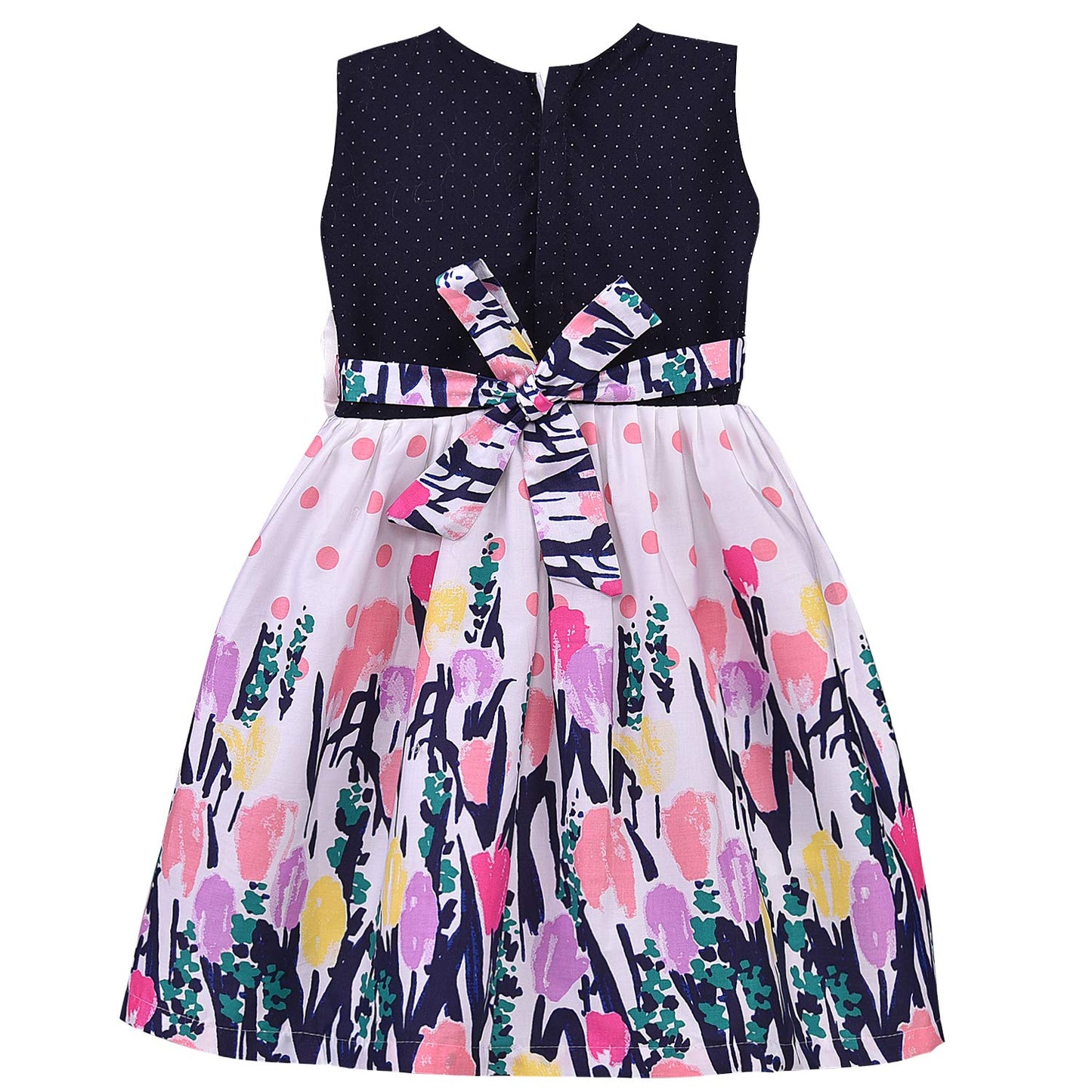 Girls Navy & Pink Printed Cotton Dress with Contrast Waist Bow