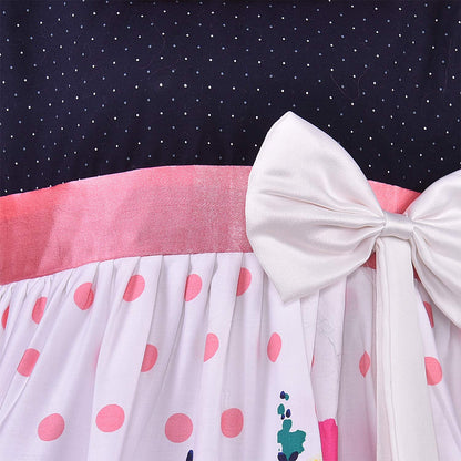 Girls Navy & Pink Printed Cotton Dress with Contrast Waist Bow