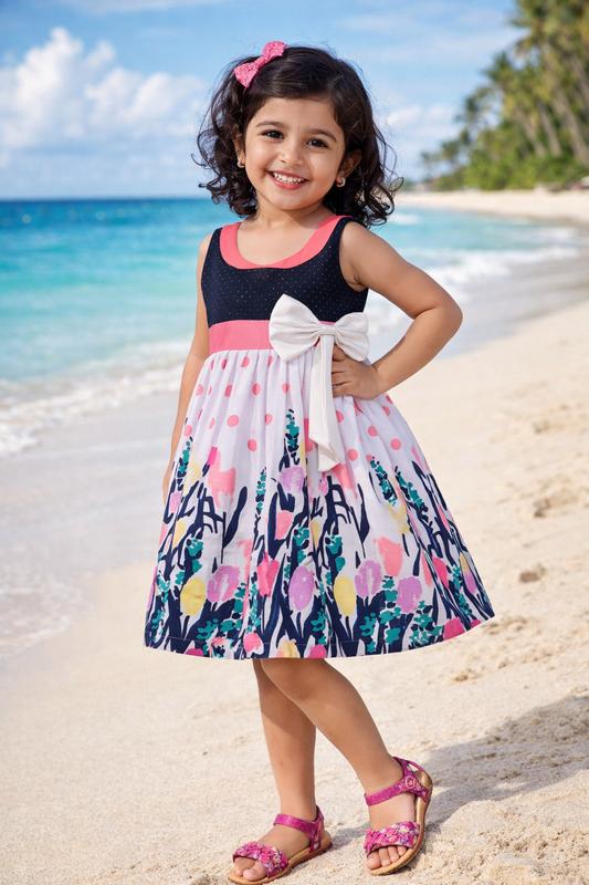 Girls Navy & Pink Printed Cotton Dress with Contrast Waist Bow