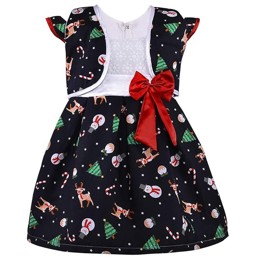 Baby Girls Christmas Printed Cotton Party Dress with Shrug & Bow â€“ Festive Wear Frock