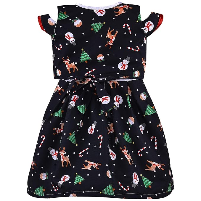 Baby Girls Christmas Printed Cotton Party Dress with Shrug & Bow – Festive Wear Frock