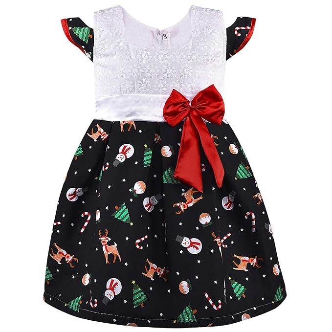 Baby Girls Christmas Printed Cotton Party Dress with Shrug & Bow – Festive Wear Frock