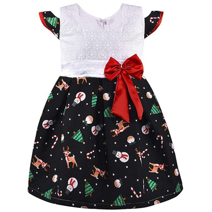 Baby Girls Christmas Printed Cotton Party Dress with Shrug & Bow – Festive Wear Frock