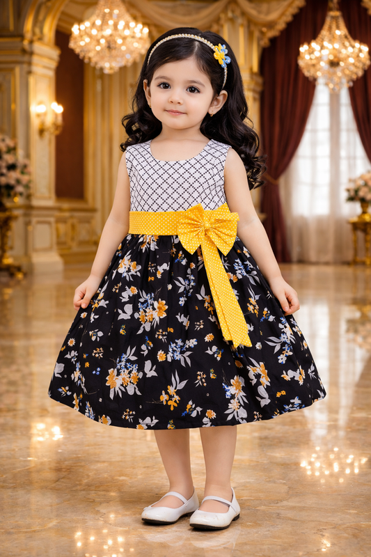 Girls Cotton Floral Party Wear Dress with Bow Belt – Soft & Comfortable