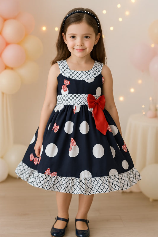 Girls Printed Bow Cotton Casual Dress