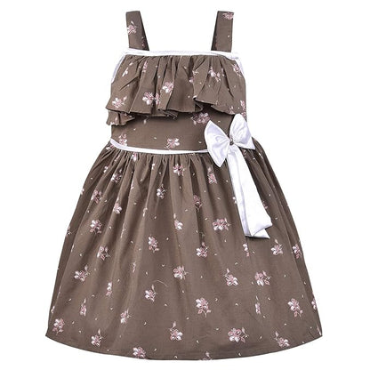 Girls Floral Printed Cotton Dress with Ruffle Neck & White Bow