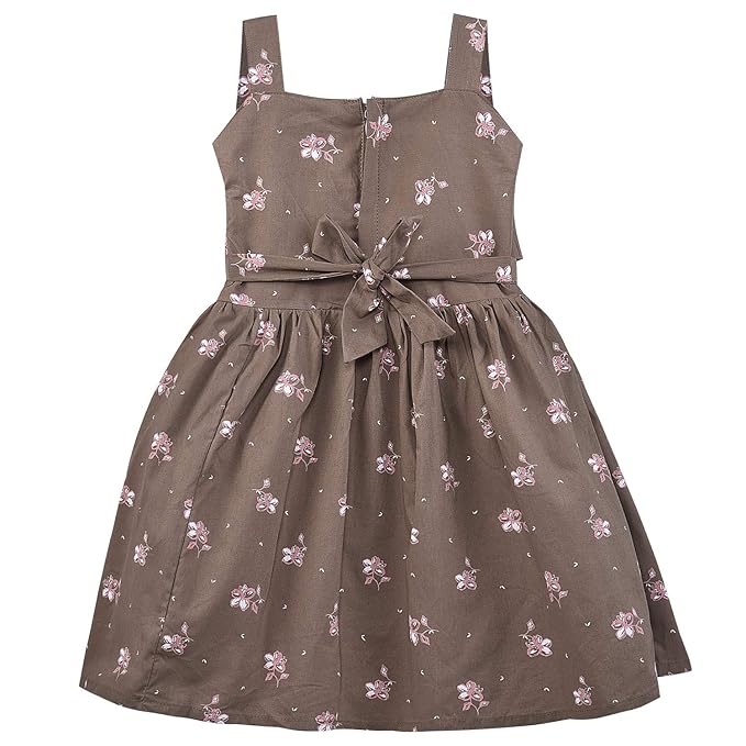 Girls Floral Printed Cotton Dress with Ruffle Neck & White Bow