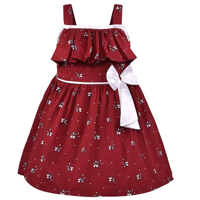 Girls Floral Printed Cotton Dress with Ruffle Neck & White Bow