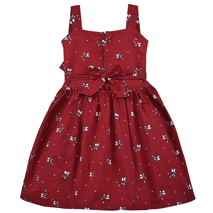 Girls Floral Printed Cotton Dress with Ruffle Neck & White Bow