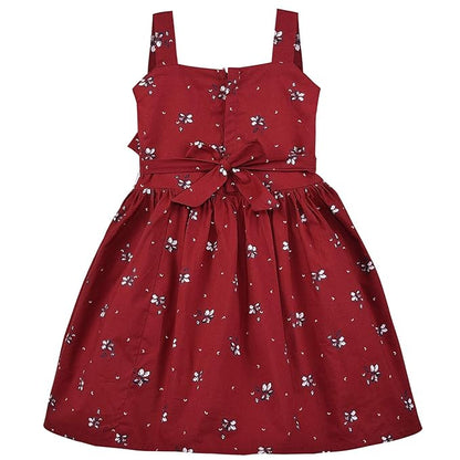 Girls Floral Printed Cotton Dress with Ruffle Neck & White Bow