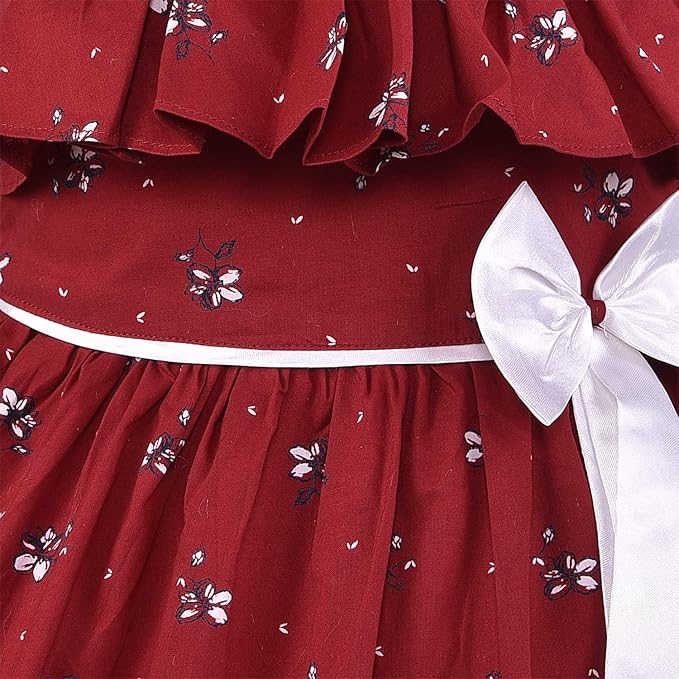 Girls Floral Printed Cotton Dress with Ruffle Neck & White Bow
