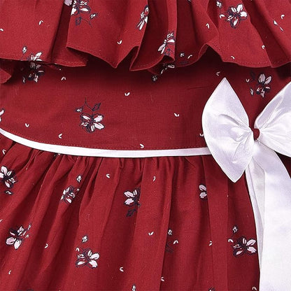 Girls Floral Printed Cotton Dress with Ruffle Neck & White Bow
