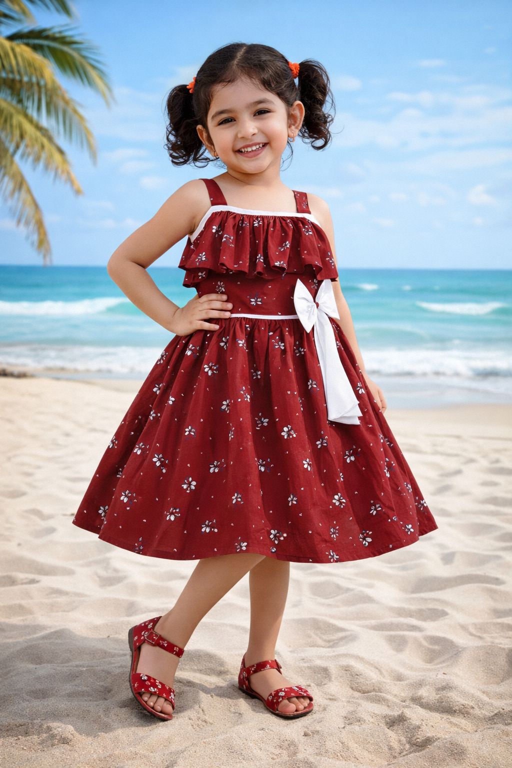 Girls Floral Printed Cotton Dress with Ruffle Neck & White Bow