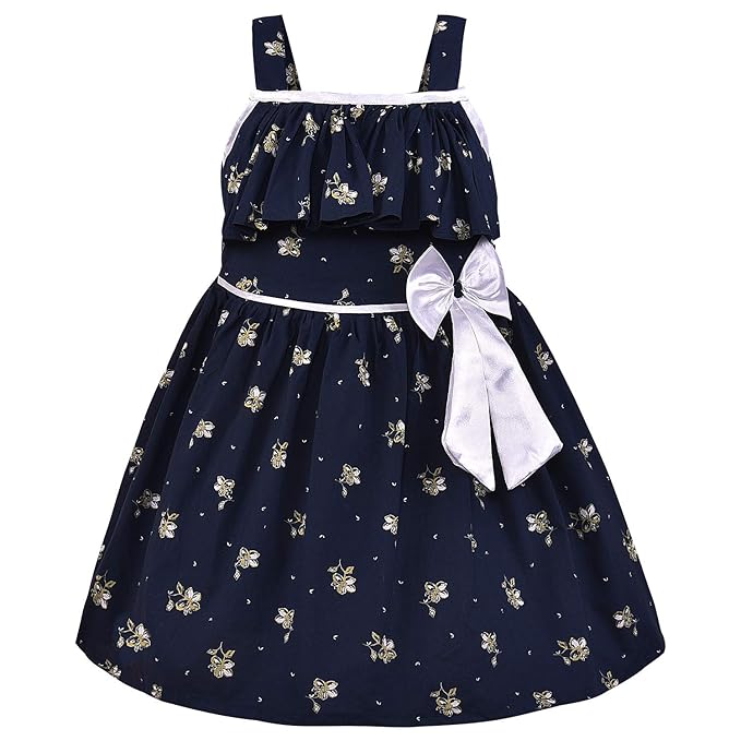 Girls Floral Printed Cotton Dress with Ruffle Neck & White Bow