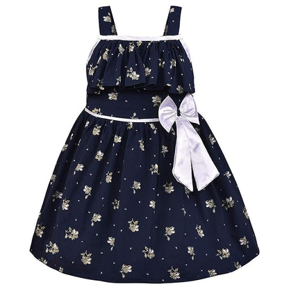 Girls Floral Printed Cotton Dress with Ruffle Neck & White Bow