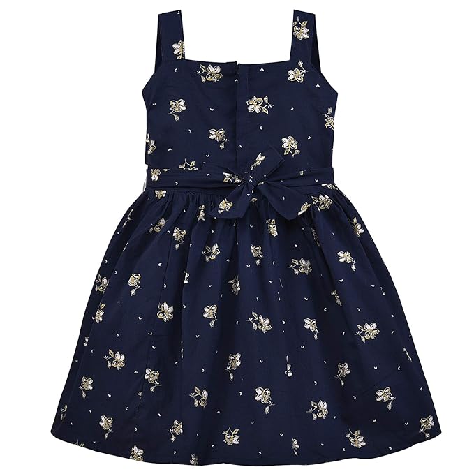Girls Floral Printed Cotton Dress with Ruffle Neck & White Bow