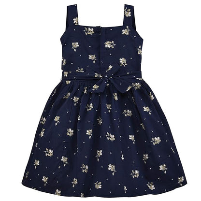 Girls Floral Printed Cotton Dress with Ruffle Neck & White Bow