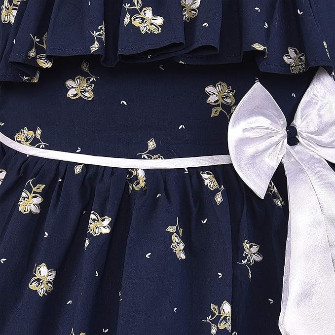 Girls Floral Printed Cotton Dress with Ruffle Neck & White Bow