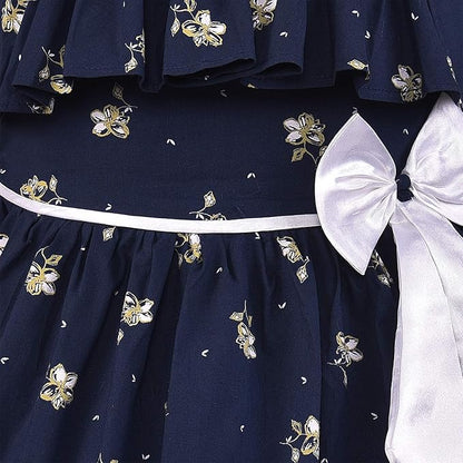 Girls Floral Printed Cotton Dress with Ruffle Neck & White Bow