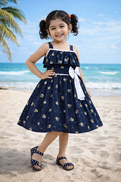 Girls Floral Printed Cotton Dress with Ruffle Neck & White Bow