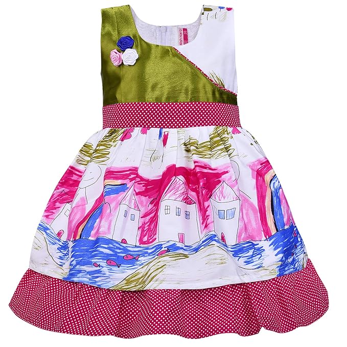 Girls Green & White Printed Cotton Dress with Polka Dot Ruffle Hem