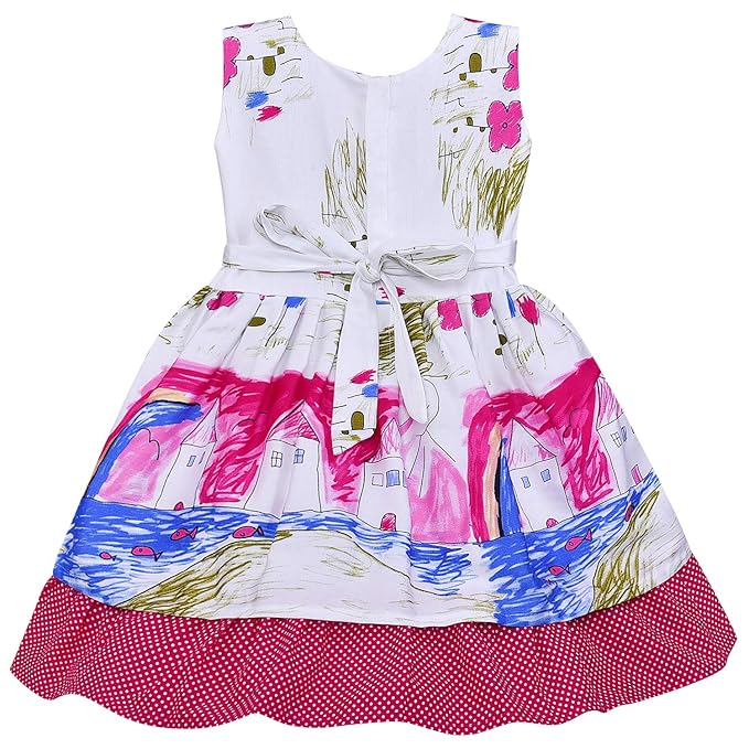 Girls Green & White Printed Cotton Dress with Polka Dot Ruffle Hem