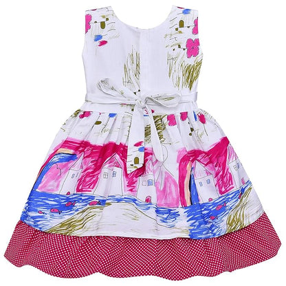 Girls Green & White Printed Cotton Dress with Polka Dot Ruffle Hem